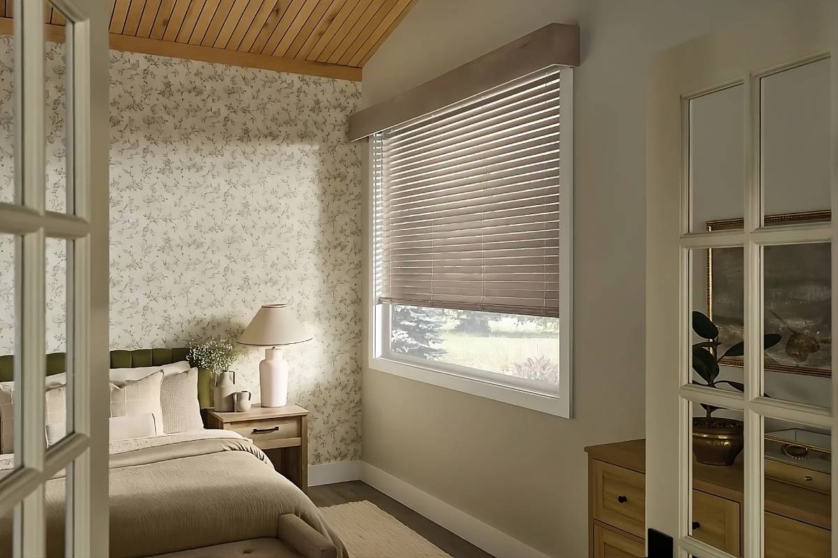 Chic and practical Graber® Wood Blinds on an average-sized window in a stylish bedroom at Signature Shutters and Blinds near Moraine, OH