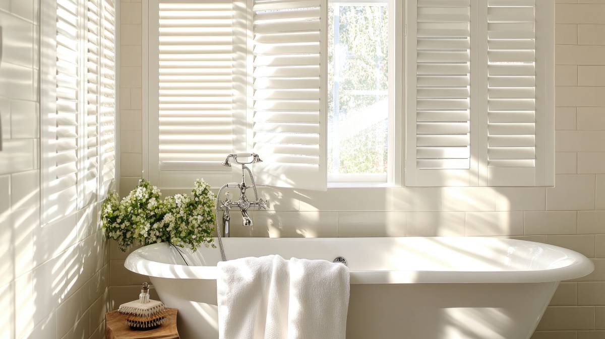 Custom shutters on large windows in a light and airy bathroom, featuring a soaking tub