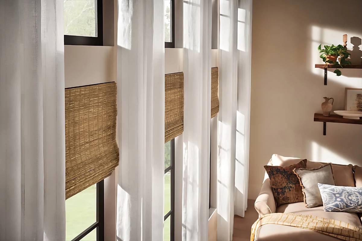 Graber® Natural Woven Shades paired with white drapes in a living room, enhancing the space’s aesthetic