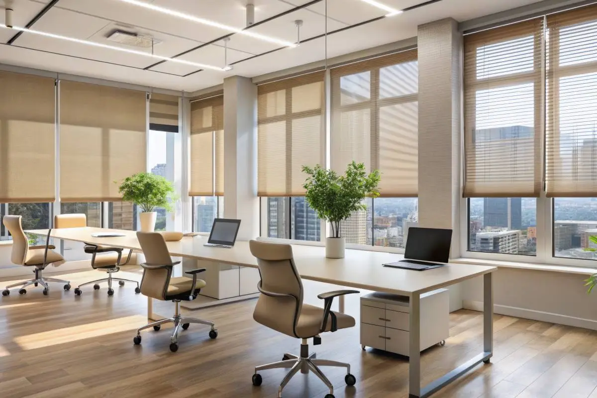 beige-roller-blinds-on-stylish-modern-office-windows-open-1200px Beige roller blinds on stylish modern office windows open to a city view